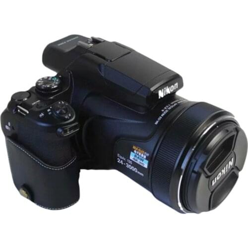 Cowhide Genuine Leather Half Body case Camera bag For Nikon P1000 Hand strap with buttom Battery Opening