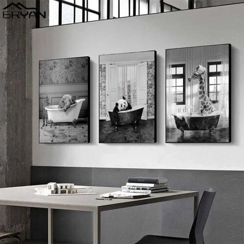 Black White Animal Bubble Bath Nursery Prints Posters Giraffe Paris Panda Great Wall Elephant Canvas Painting Bathroom Picture