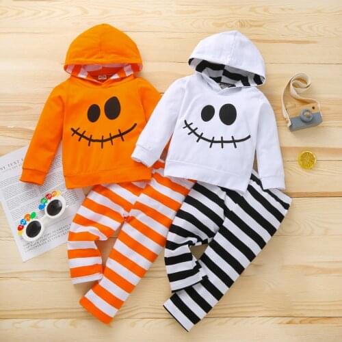 1-5Y Children Halloween Clothes Set Cartoon Long Sleeve Hooded Pullover + Striped Long Pants Spring Autumn 2Pcs Outfits