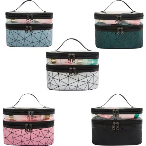 Double Transparent Cosmetic Bag Large-capacity Rhombic Pattern Toiletry Bag Travel Convenient Skin Care Product Storage Bag
