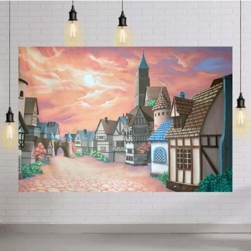 Village Backdrop for Photography Fairytale Village Town Houses Street Cloudy Sky Background Stage Play Musical Play Backdrop