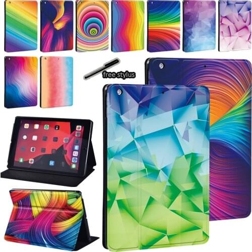 For Apple IPad 5/6/7/8th /Mini 1/2/3/4/5/ IPad 2/3/4 Watercolor Print Series Pattern Tablet Leather Stand Cover Case+Free Stylus