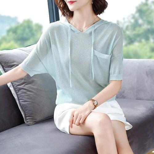 Summer Ladies Knit Hooded Hollow Out Tops Female Loose Casual Thin Knitwear Blouse Short Sleeve