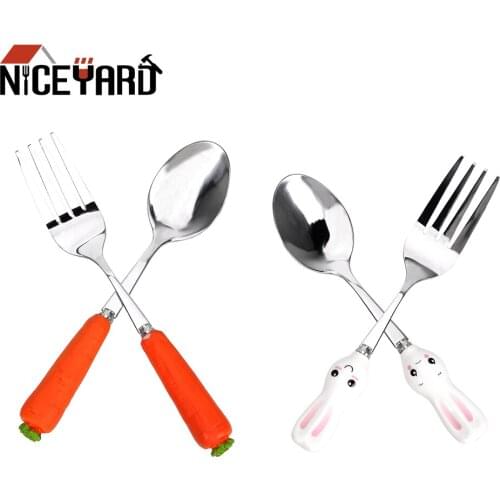 NICEYARD Baby Safety Spoon Fork Children Dinnerware Set Cartoon Rabbit Carrot Cute Stainless Steel Baby Kids Feeding Tools