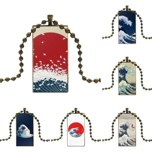 Cartoon Wave Art Japanese For Women Fashion Glass Cabochon Necklace With Women Statement Pendant Rectangle Necklaces Jewelry