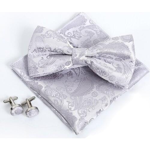 Tie Set Mens Apparel Accessories Bow Ties Pocket Square Mariage Solid color Silver Silk Butterfly Handkerchief Bowties For Men