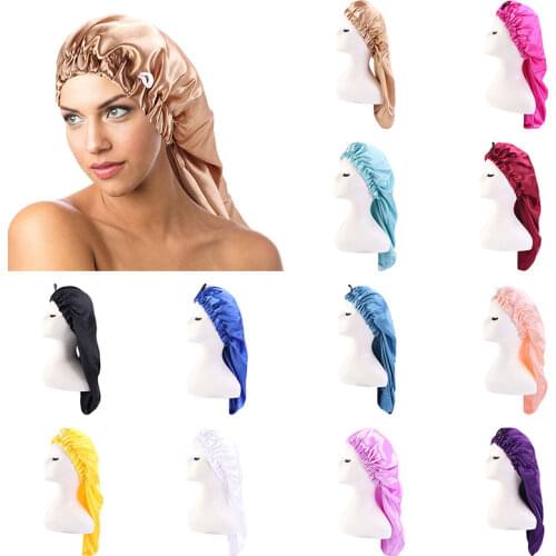 New fashion Long Satin Bonnet Sleep Cap with high elastic hair band Night Cap Hair Care Bonnet Nightcap for Women Men chemo Cap