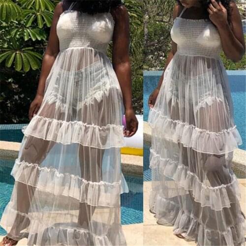 New Summer Women Maxi Boho Dress Ruffles Bikini Bathing Suit Hollow Out Swimsuit Swimwear Beach Long Dress Evening Party Dresses