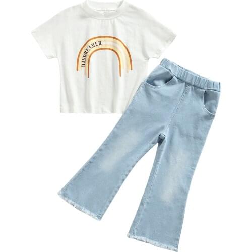 New Kids Suit Set, Letter Rainbow Print Round Neck Short Sleeve Tops+ Flared Jeans for Girls, 2-7 Years