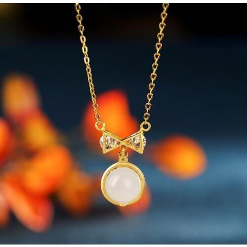 Original S925 Sterling Silver Inlaid Hetian White Jade round Beads Bow Necklace Simple Graceful Small Fresh Clavicle Chain Femal