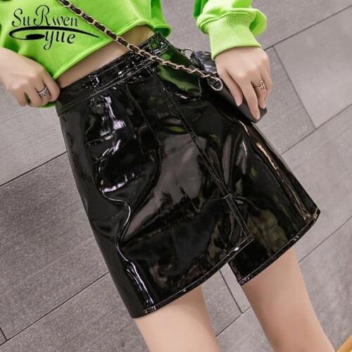 Autumn Winter Leather Skirt New High Waist Irregular A-shaped Skirt Pu Bright Leather Short Skirt Women Mini Skirts 7393 50