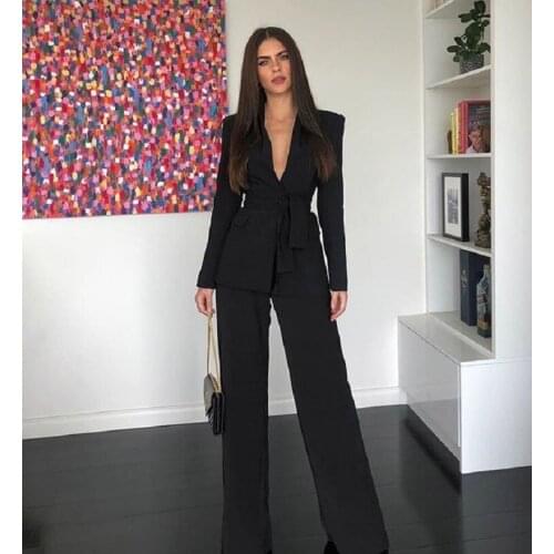 DEIVE TEGER 2021 New Fashion Womens Pants Set Sexy Deep V-neck Jacket Long Pants With Sashes Elegant Celebrity Party Clothing