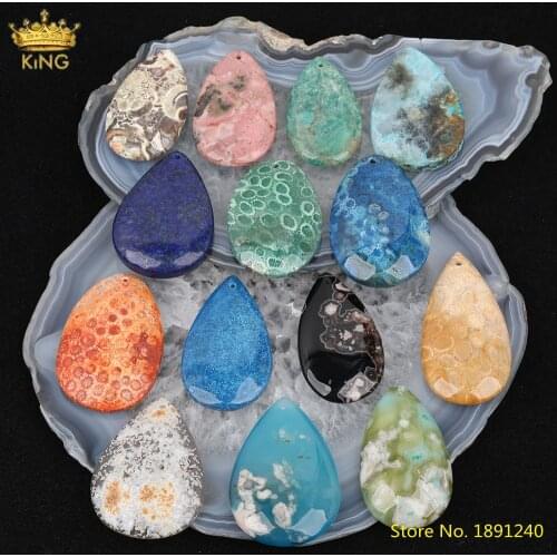 5pcs Drilled 1/2mm Hole Natural Stone Water Drop Pendant Jewelry,Cut Slab Agates Jades Amazonite Charms For DIY Jewelry Making