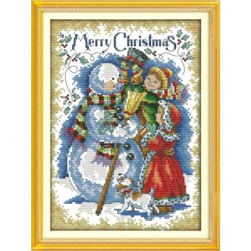 Merry Christmas Winter Snowman and Little Girl Handmade DIY 11CT 14CT Embroidered Stitch Embellishment Merry Christmas