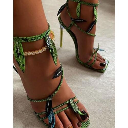 2021 New Green Snake Print Summer Sandals Women Ankle Strap Square Toe Ladies Shoes Crystal High Heels Fashion Leaves Sandals