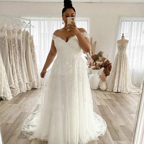 Wedding Dress Plus Size A-Line Off The Shoulder Lace Appliques Tulle Backless Floor Length Sweep Train Bridal Gown Custom Made