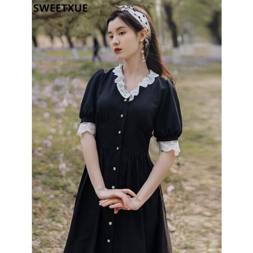 SWEETXUE Fashion French Retro Black Sexy V-neck Lace Patchwork Single Breasted Women Summer Dress Vestidos