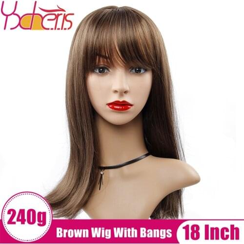 YXHAIR 18 Inch Synthetic Straight Cosplay Wig With Bangs For Women 30# Brown Color High Temperature Fiber Medium Length