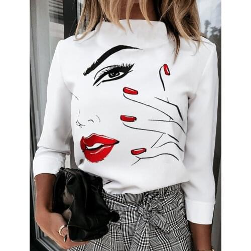Women Face Makeup Red lip Prints Blouse Girls Casual Long Sleeve Round Neck Shirt Funny Casual Tops AM2152
