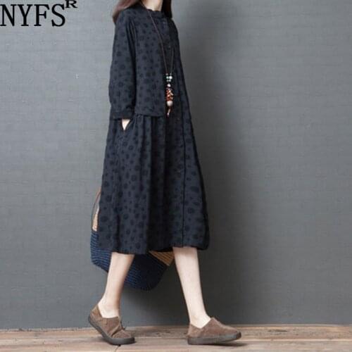 NYFS 2021 New Spring Autumn Dress Loose Cotton Korean Dot Woman Dress Vestidos Robe Elbise Shirt Dresses