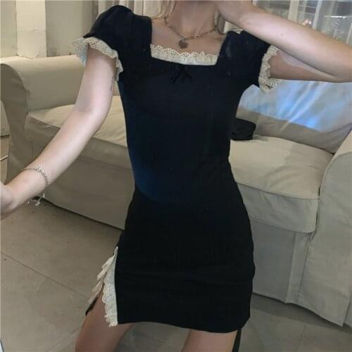 Dress Temperament Square Neck Stitching Lace Split Short-sleeved Dress Female Summer New Slim Short Skirt