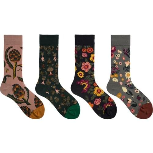 12pcs/lot High Quality Autumn French Illustration Graffiti Personality Tube Flower Bird Tide Socks Color Creative Female Socks