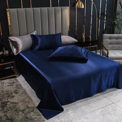 29 1pc Bed Linen Satin Blue Solid Color Smooth Queen Size Flat Bed Sheet King Top Sheet for Beds(pillowcase need order)