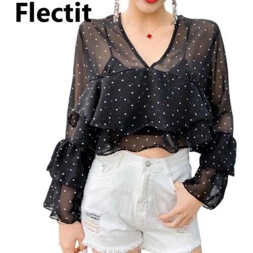 Flectit Transparent Polka Dot Blouse Tiered Ruffle Flare Sleeve Cropped Blouses Chiffon Tops Sexy Club Party Outfit