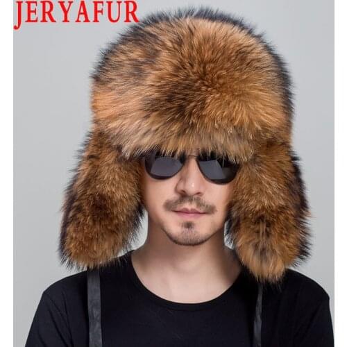 JERYAFUR Genuine Fox Fur Hats For Men Real Raccoon Fur Lei Feng Caps Russian Winter Men Ear Hats For Women hat