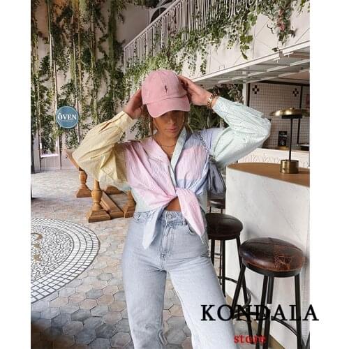 KONDALA Za Summer Fashion Oversized Hit Color Shirts Women High Street Striped Print Cropped Tops Mujer Long Sleeve Shirts