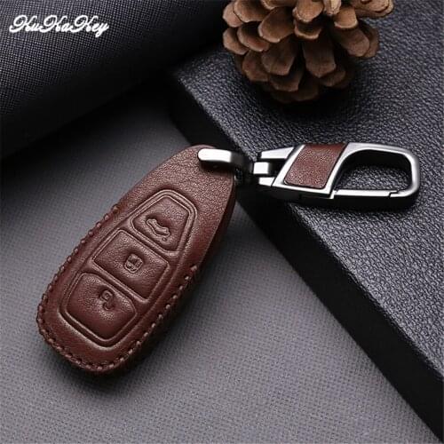 Leather Car Key Cover with Keychain For Ford Fiesta Focus Mondeo Kuga Genuine Leather Key Protecitve Shell Car Accessories