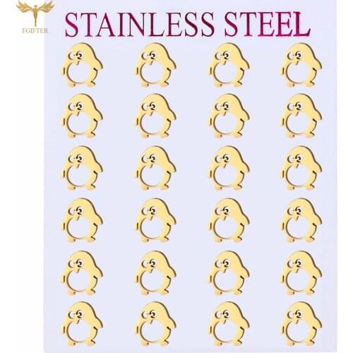 Cute Lady Penguin Stud Earrings Hollow Belly Statement Earrings Golden Stainless Steel 18KGold Plating Fashion Womens Jewelry