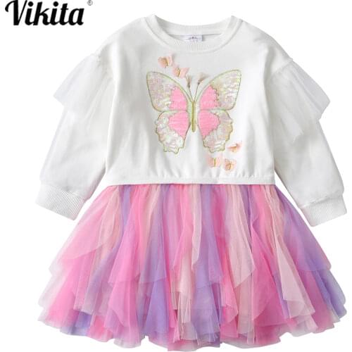 VIKITA Girl Butterfly Dresses Autumn Winter Long Sleeve Dress Birthday Party Irregular Princess Tutu Dress Children Clothing