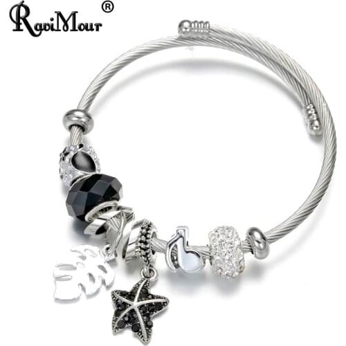 RAVIMOUR Women Cuff Bracelets Bangles Stainless Steel Chain Crystal Leaf Starfish Charm Brazalete Mujer Handmade Fashion Jewelry
