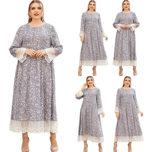Plus Size Muslim Women Long Dress Floral Print Maxi Robe Lace Patchwork Kaftan Casual Loose Abaya Islamic Arabic Gown Turkish