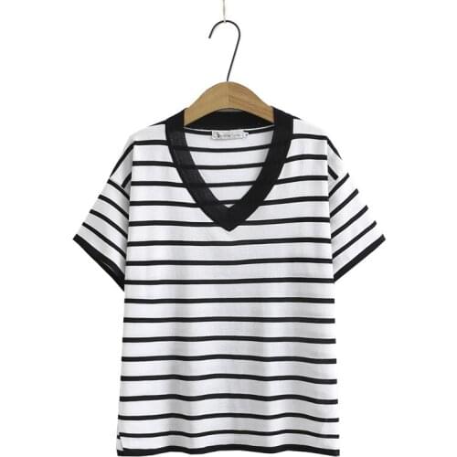 Plus Size XL-4XL Womens V-neck Striped Tshirts Casual A-line Tops Vintage Oversized Tee