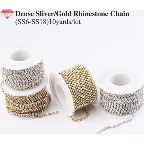 RESEN SS6-SS18 Silver/Gold Base Clear Crystal Dense Rhinestone Chain Crystal Apparel Sewing Glass Rhinestone Cup Chain CrystalAB