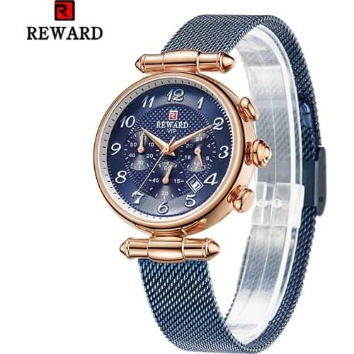REWARD Fashion New Women Watches Elegant Chronograph Dial calendar mesh Strap Quartz Japanese Movement Waterproof Wristwatch