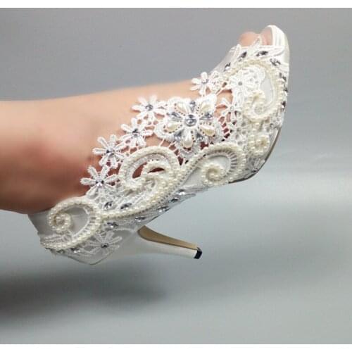 2019 New white Lace Womens weddding shoes Peep Toe pearl crystal party dress shoes 5cm/8cm/10cm thin heel Pumps High shoes