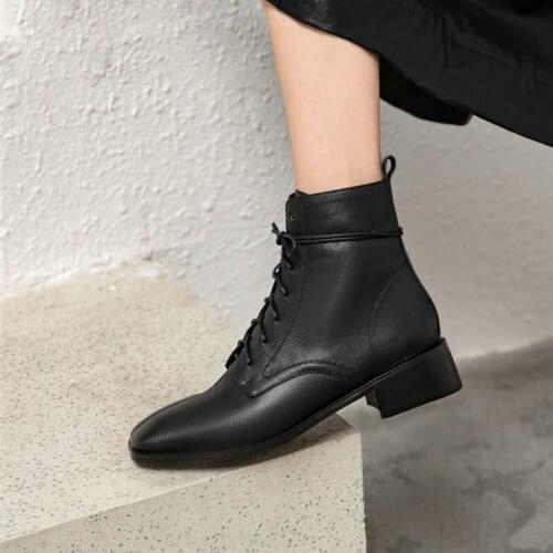 Genuine Leather Thick Med Heels Womens Ankle Boots Round Toe Pumps Autumn Working Party Shoes Woman Size 40