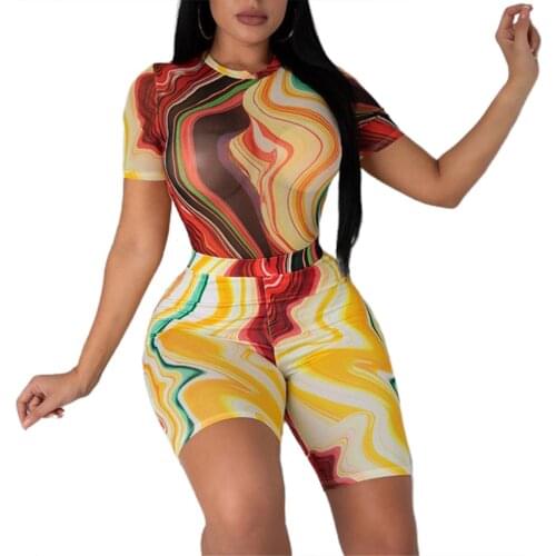 Women Summer Dye Printed Casual Sets 2pcs Short Sleeves T Shirts Slim Shorts Homewear Wrapped Elastic Ladies Outdoor Sports Suit