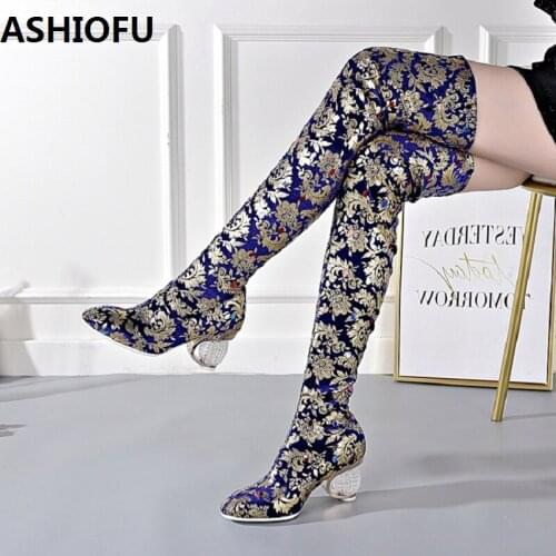 ASHIOFU Handcrafted Ladies High Heel Boots Sexy Party Prom Over Knee Boots Winter Long Fashion Dress Evening Boots Shoes