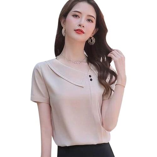 Womens Spring Summer Style Chiffon Blouses Shirt Womens Solid Color Button Short Sleeve Korean Loose Tops DD8641