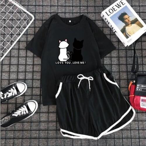 2 Piece Set Suit Women Casual Tracksuit Pullover Trousers Sport Short Top+Pants Suit Breathable Cute Cat Cheap Outfit Clothes