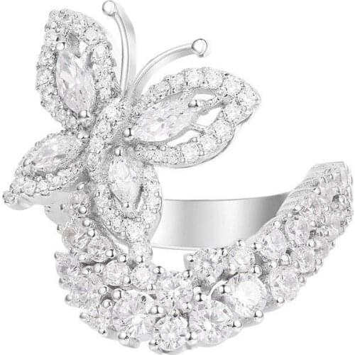 SLJELY Luxury 925 Sterling Silver Butterfly Floral Ring Micro Pave Full Cubic Zirconia Stones for Women Fashion Party Jewelry