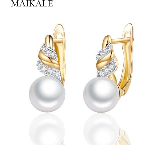 MAIKALE Trendy Gold Big Round Pearl Earrings Cubic Zirconia Stud Earrings for Women Jewelry Fashion Gifts for Girl Brincos