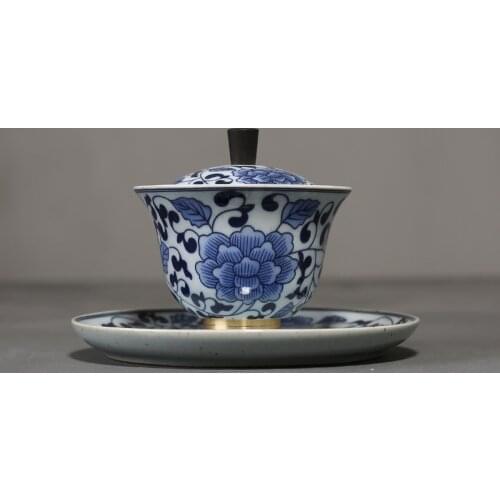 110ml Blue and White Porcelain Gaiwan Vintage Ceramic Bowl with Lid Kung Fu Tea Set Pu'er Tea Tureen Master Cup Teaware Tea Pot