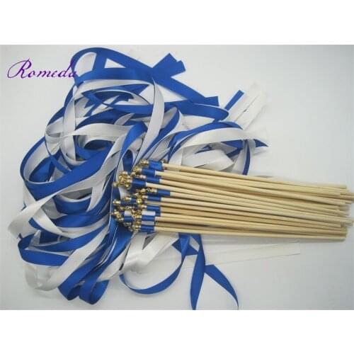 50pcs/lot royal and white stain ribbon wedding stick wands With gold Bells for wedding decoration