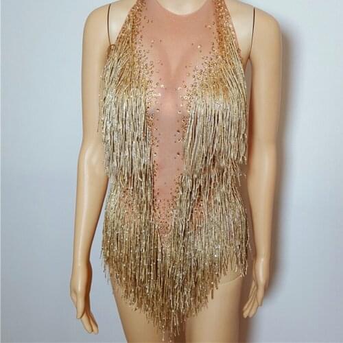 Sparkly Gold Rhinestones Tassel Bodysuit Female Singer DJ Sexy Holographic Leotard Jazz Beyonce Costume Crystals Outfit DT304