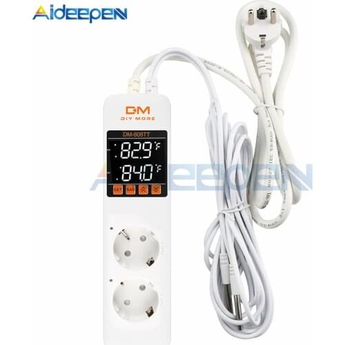 DM-808TT Digital Dual Temperature Controller Socket Outlet Dual Sensor Heating Cooling 10A 110V 220V Thermostat for Heating Pad